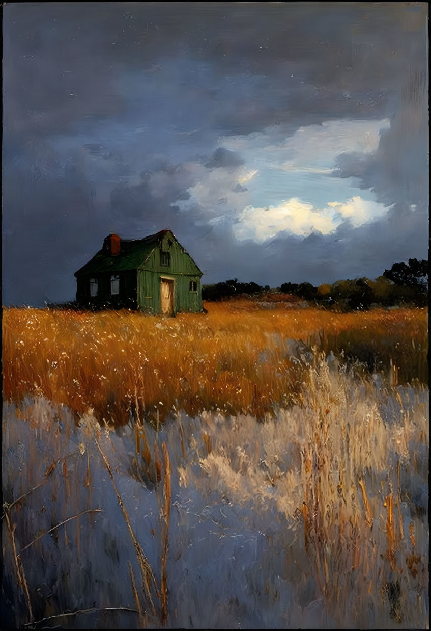 Weathered green house in golden field under stormy sky with sunlight.