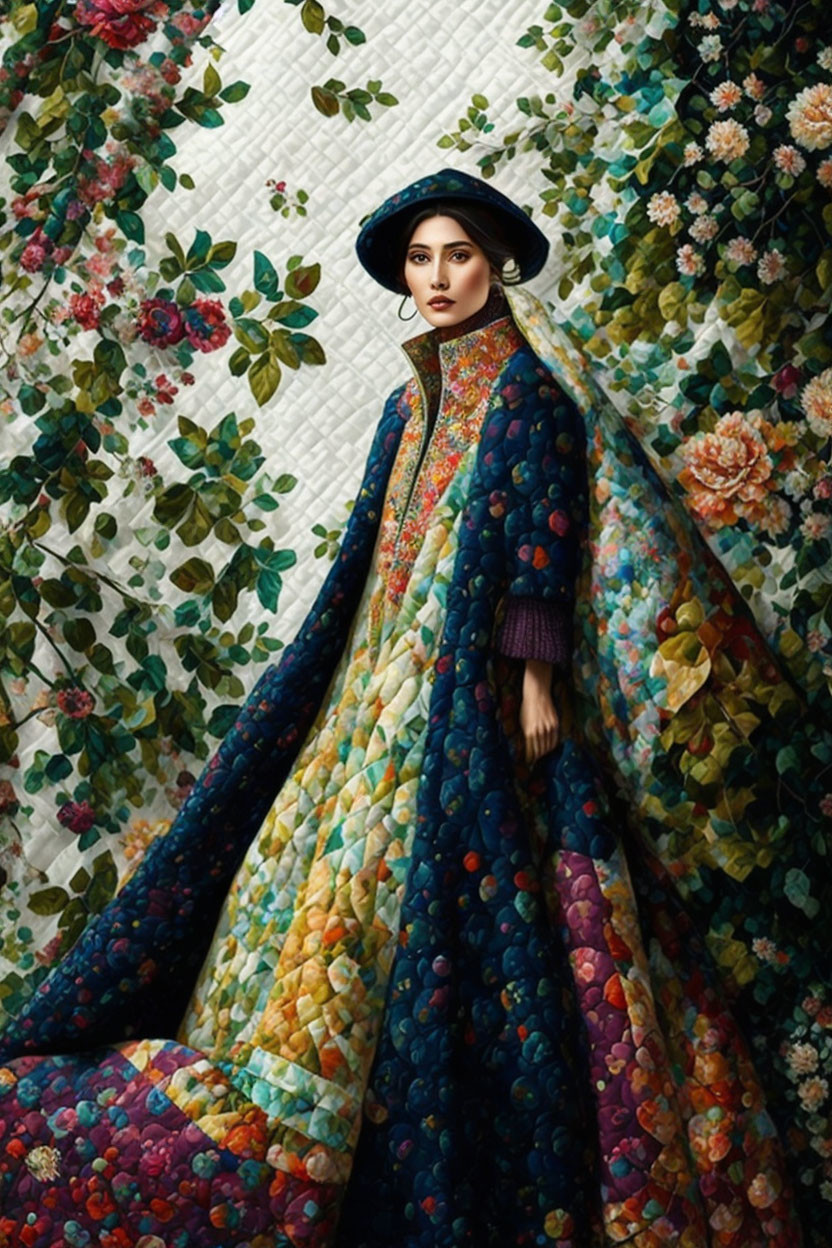 Woman in Vibrant Floral Coat and Blue Hat Against Matching Floral Backdrop