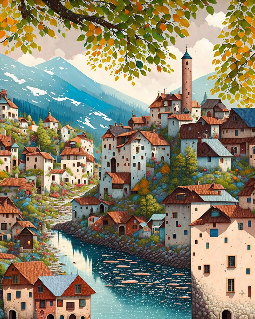 Tranquil village scene with traditional houses, river, hills, and mountains