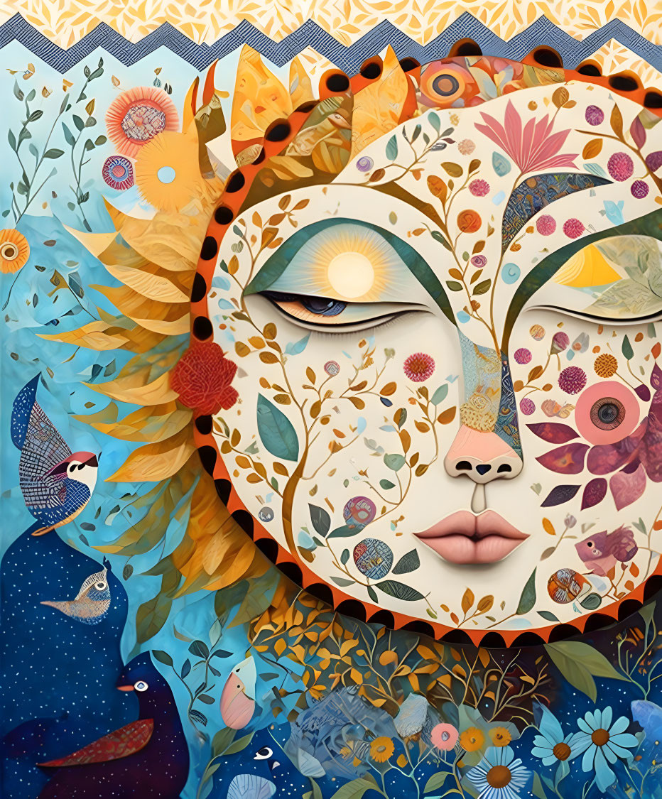 Colorful Floral and Wildlife Face Illustration with Nature Theme