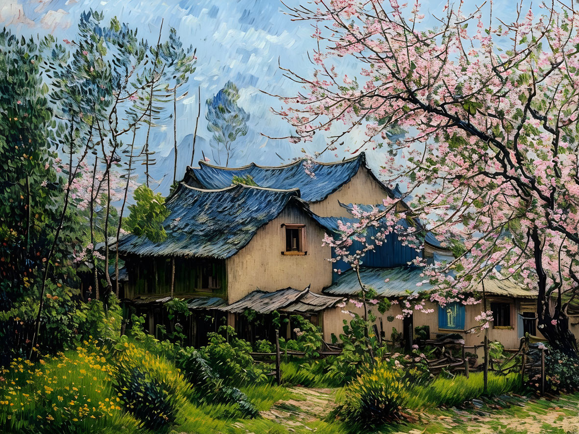 Traditional Houses with Blue Tiled Roofs in Vibrant Garden