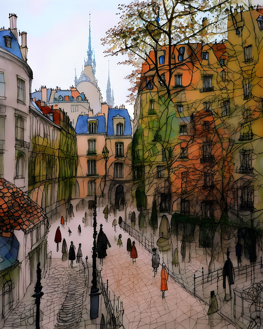 Colorful Street Scene with Cathedral Spire and Pedestrians