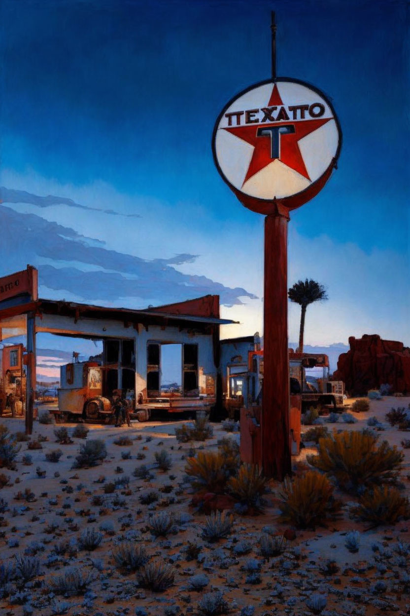 Vintage Gas Station with Large Texaco Sign at Dusk in Desert