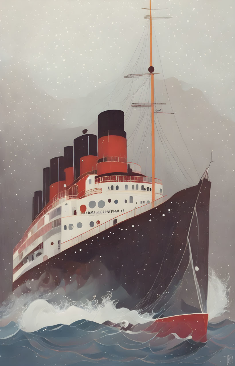 Large red and white ocean liner sailing on wavy sea - vintage-style illustration