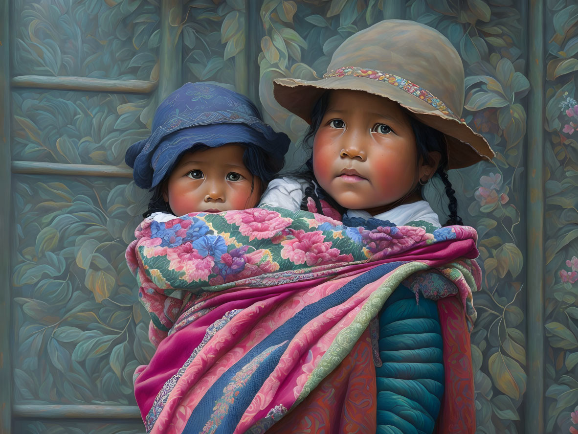 Two children in hat and colorful wrap against floral backdrop.