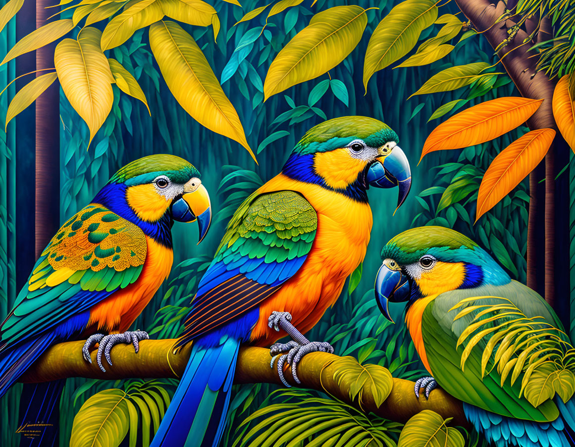 Colorful Macaws Perched on Branch in Green Foliage