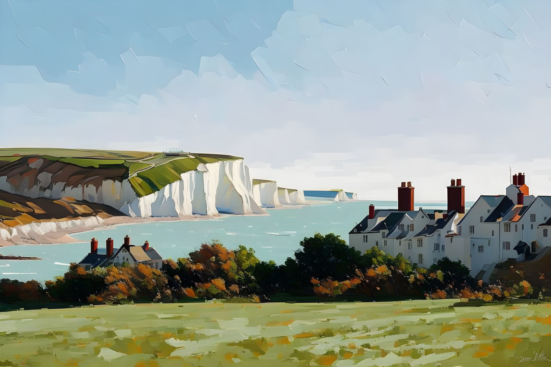 White Cliff Coastline Painting: Turquoise Sea, Green Tops, White Houses