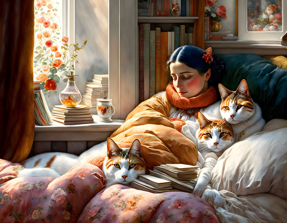 Blue-Haired Woman Relaxing by Sunny Window with Cats and Books