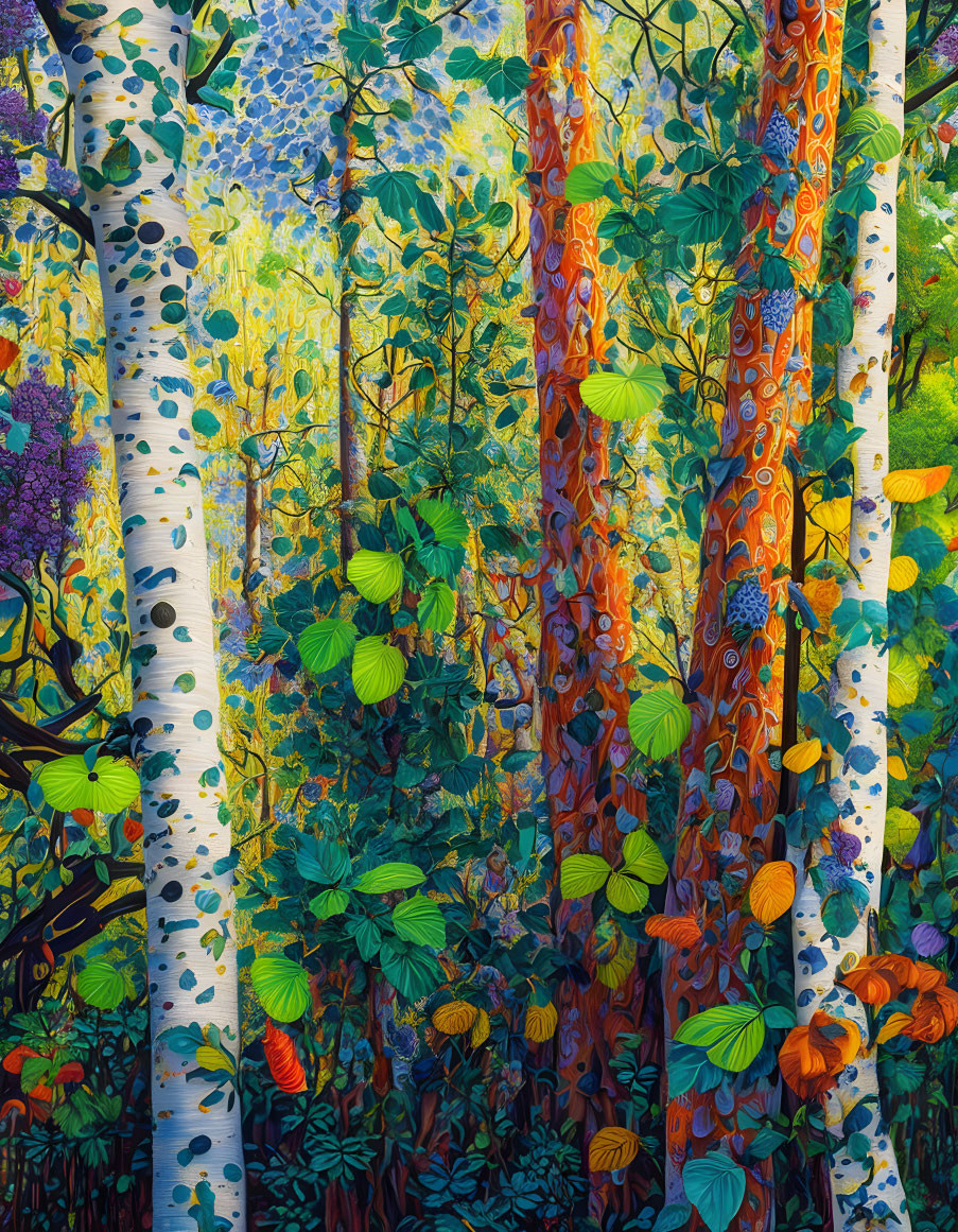 Colorful Patterned Trees in Vibrant Forest Scene