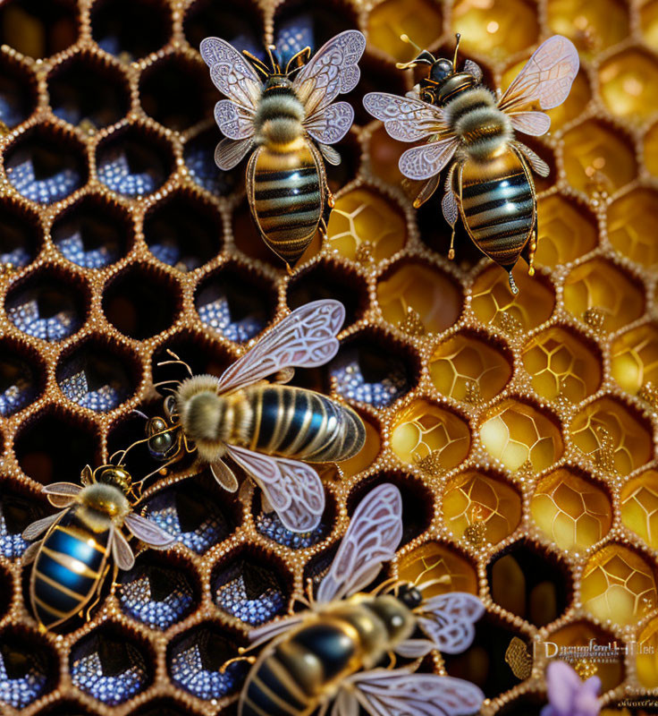 Honeybees on honeycomb with hexagonal nectar-filled cells