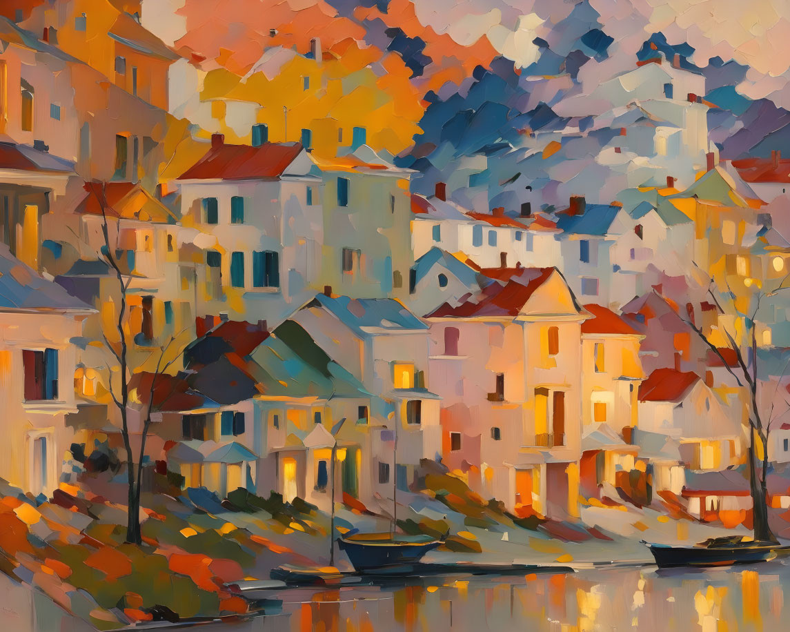 Colorful Impressionistic Painting of Riverside Village at Sunset