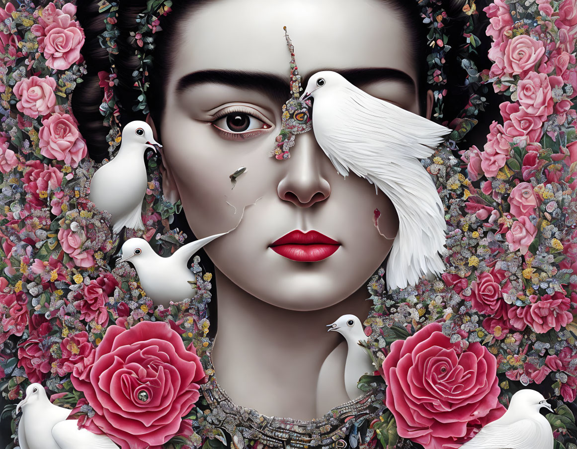 Surreal artwork: Woman's face with flowers and doves in split image.