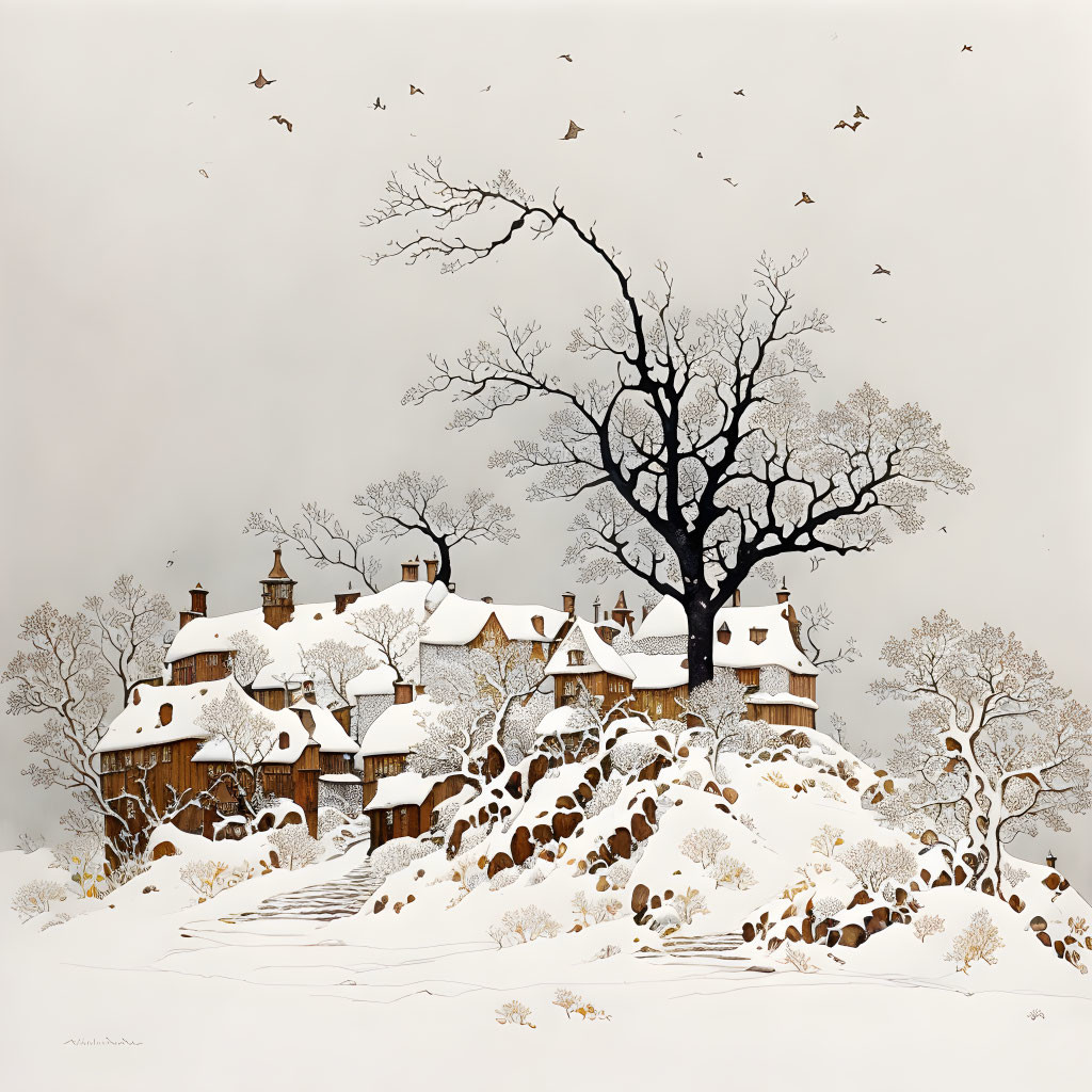 Snowy Landscape with Traditional House, Trees, Rocks, and Birds