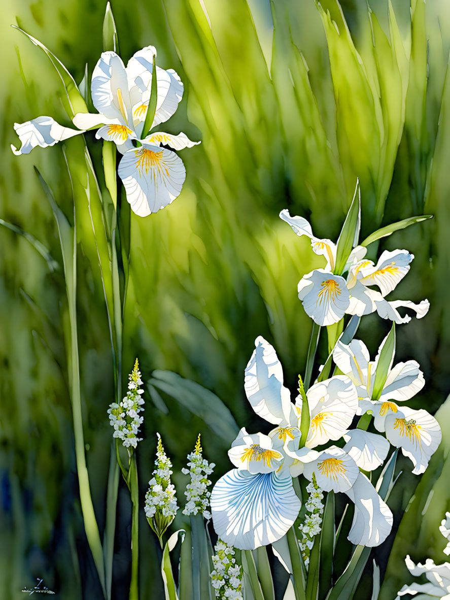 Colorful painting of white irises with yellow and blue patterns on green foliage.