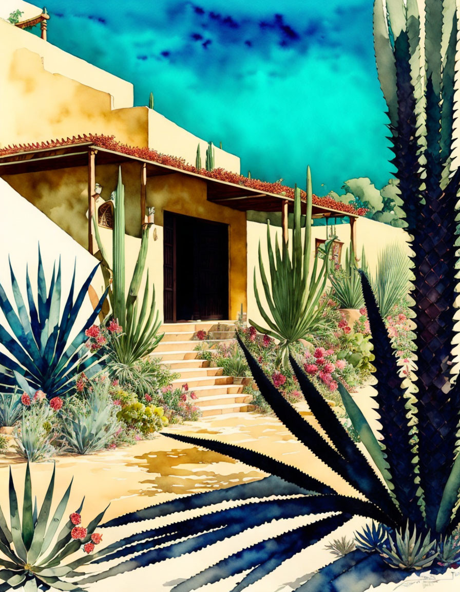 Vibrant desert villa scene with turquoise sky and lush cacti