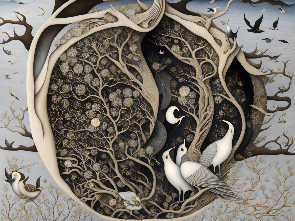 Detailed monochromatic and gold artwork of trees, birds, and peacocks