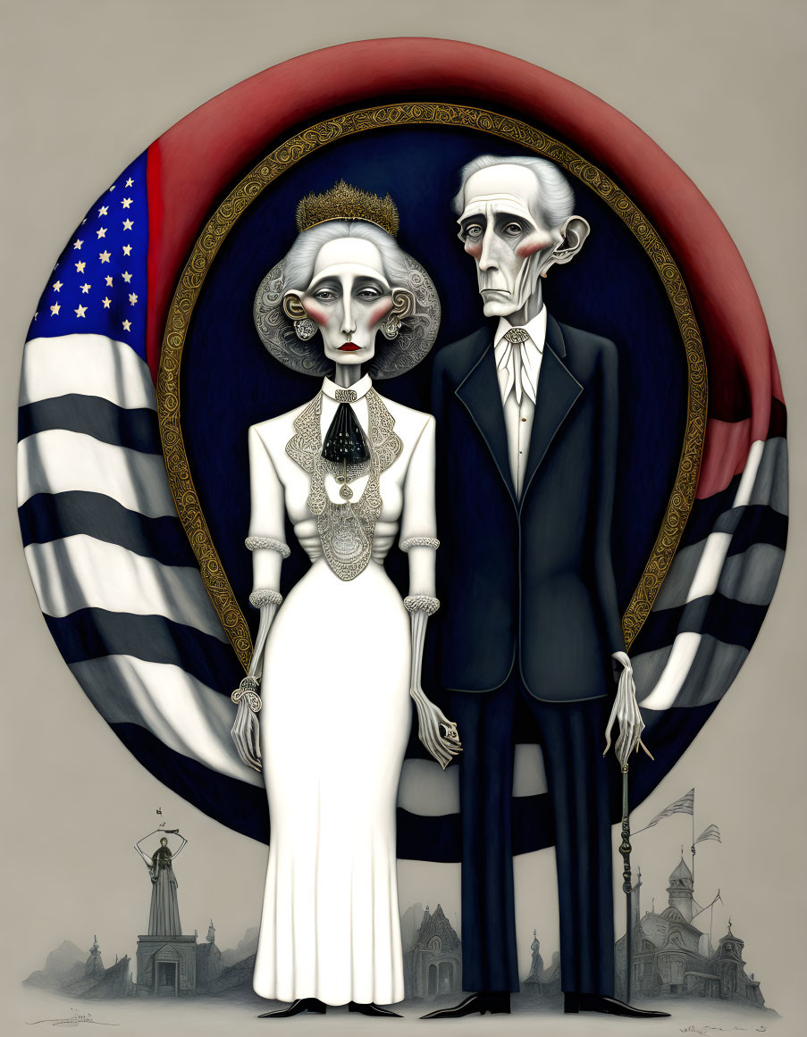 Tall, thin couple in American Gothic style with US flag and house silhouette