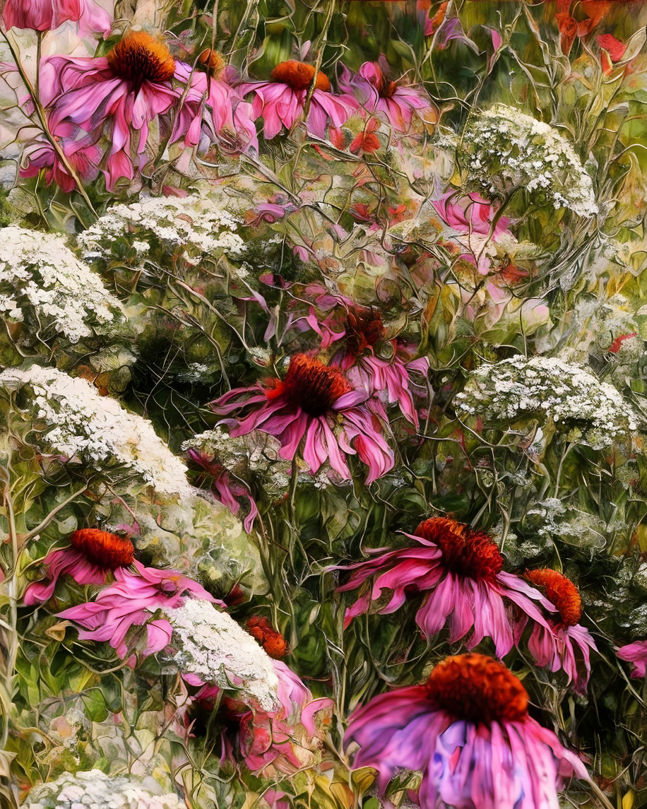 Pink coneflowers and Queen Anne's Lace on textured green backdrop