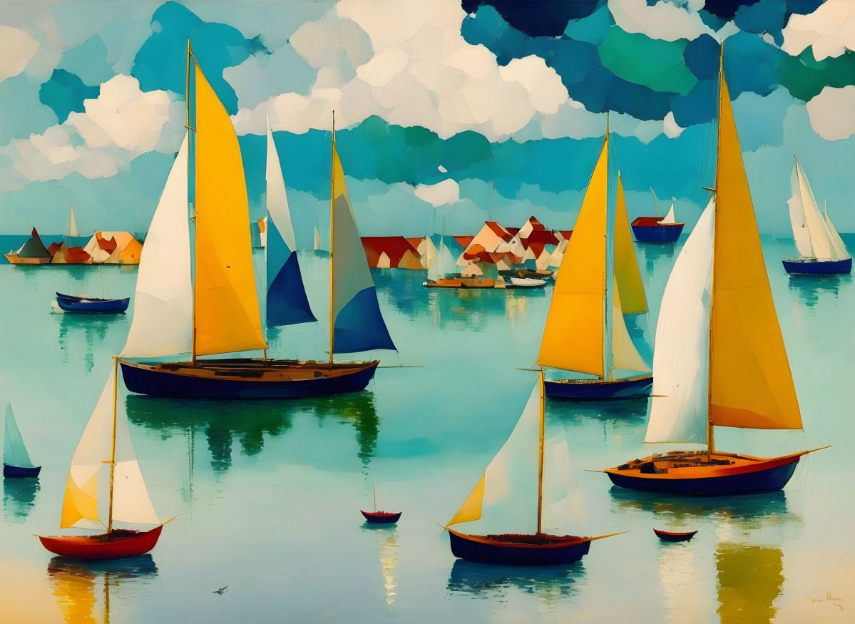 Vibrant sailboats painting with whimsical clouds and quaint houses