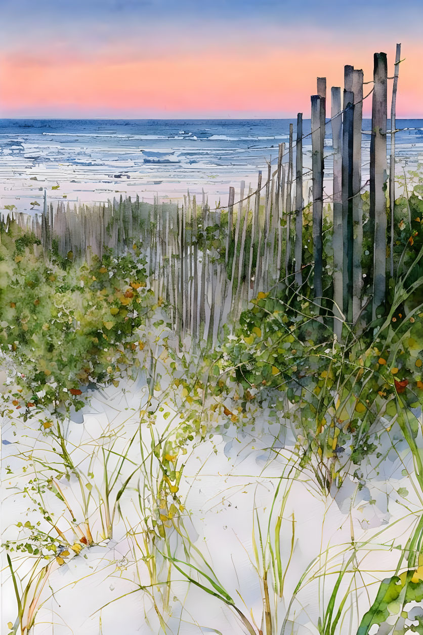 Scenic beach view with wooden fence and dune grass by ocean at sunset