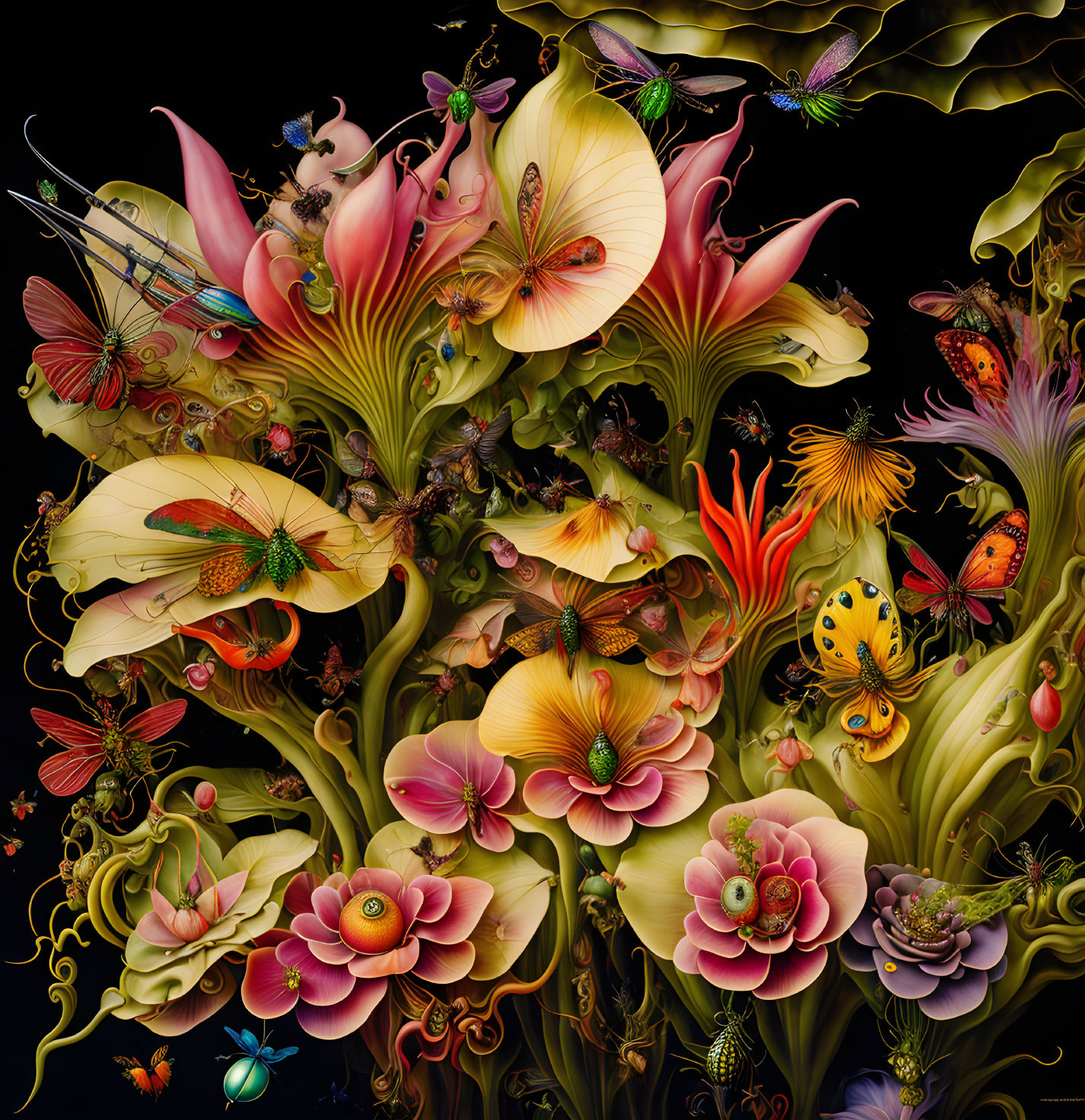 Colorful digital artwork: Fantastical flowers and insects on black background