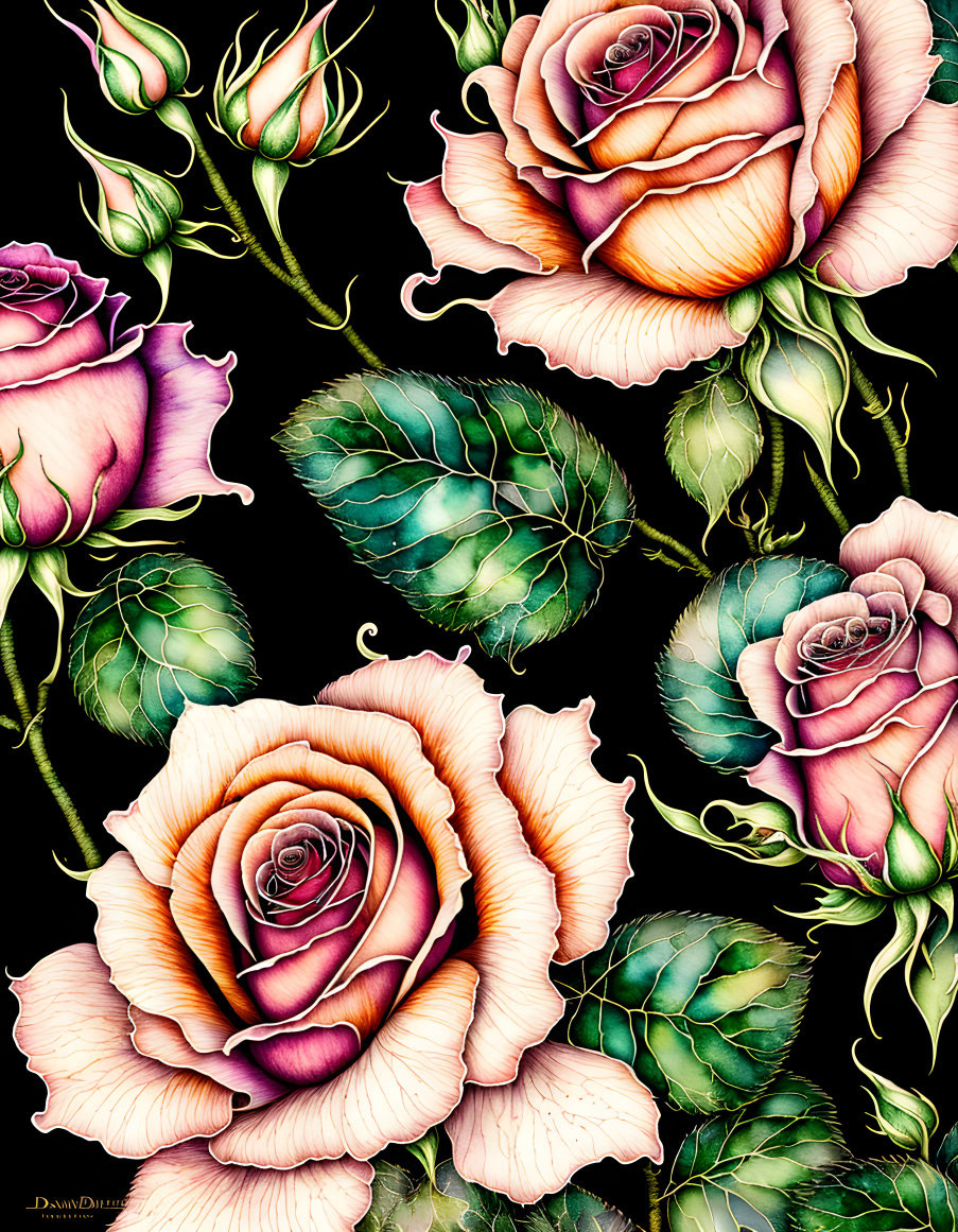 Colorful rose illustration with peach to deep pink hues on dark background