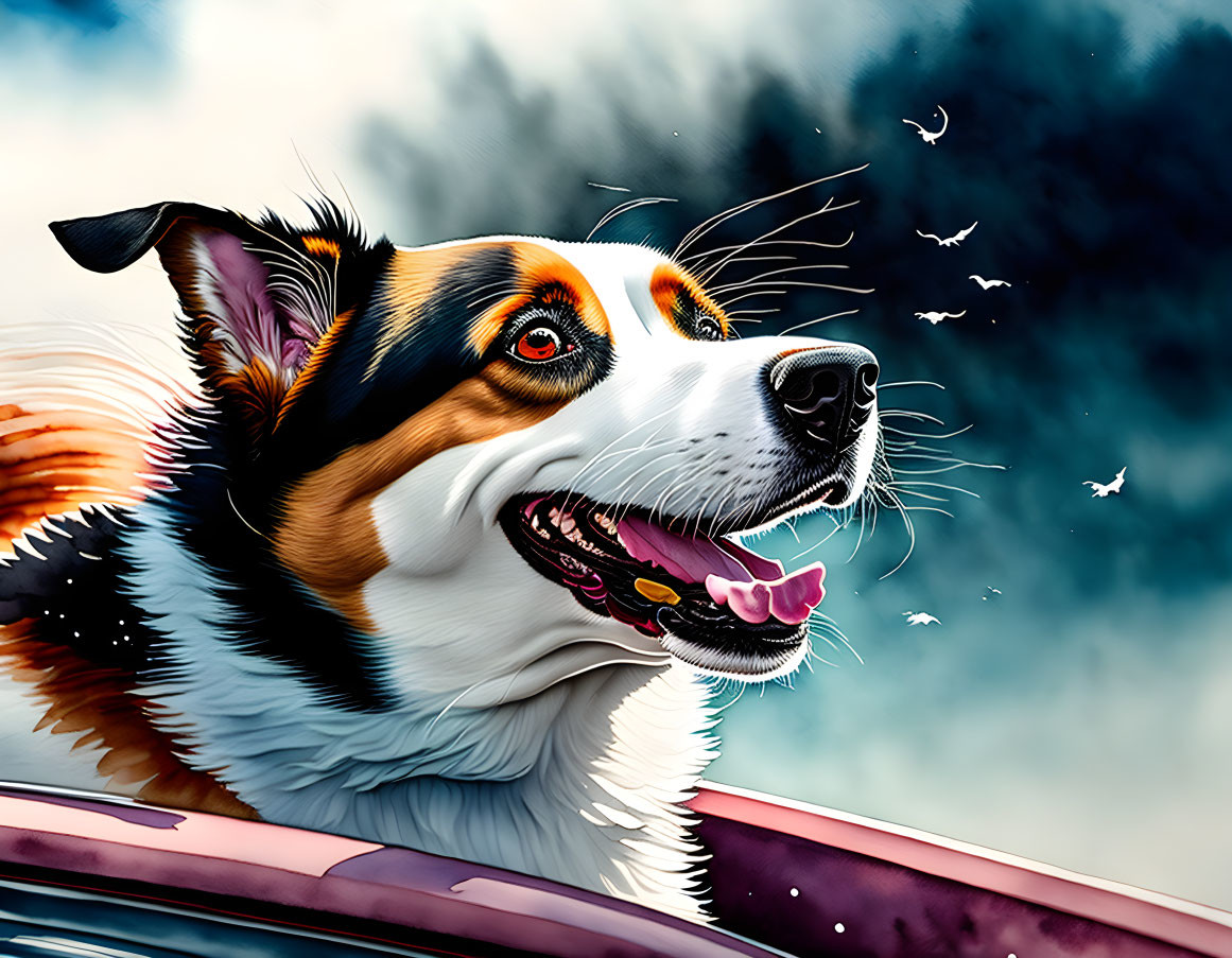 Vibrant dog illustration with tongue out in car window against cloudy sky