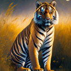 Majestic tiger in golden grass under full moon