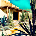 Vibrant desert villa scene with turquoise sky and lush cacti