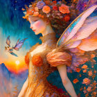 Fantasy illustration of a woman with orange wings and floral crown surrounded by birds and vibrant colors