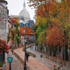 Colorful Street Scene with Cathedral Spire and Pedestrians