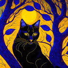 Colorful Artwork Featuring Black Cat with Piercing Eyes