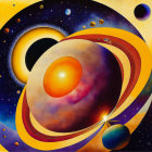 Colorful Surrealist Painting of Celestial Bodies and Cosmic Harmony