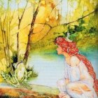 Ethereal illustration of woman, child, frog, and foliage in golden light