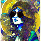 Colorful Psychedelic Artwork of Woman with Flowing Hair and Round Sunglasses