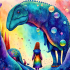 Colorful illustration: Girl with blue dinosaur in whimsical landscape