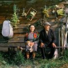 Elderly couple outside rustic cabin with lush greenery & sunlit laundry