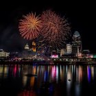 Colorful fireworks illuminate city skyline at night with water reflections