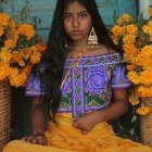 Dark-haired woman in purple floral top among yellow flowers