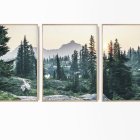 Set of Three Modern Cabin Art Prints in Misty Forest Scene