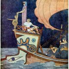 Illustration of Celestial Boat with Mythological Motifs