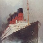 Large red and white ocean liner sailing on wavy sea - vintage-style illustration