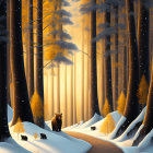 Tranquil winter forest with tall trees, sunlight, winding path, light snow, solitary bear