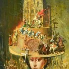 Architectural headpiece woman illustration in golden towers cityscape