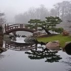 Japanese Pagoda Roofs, Cherry Trees, Pond, Mountain Backdrop