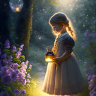 Young girl in dress with lantern in magical forest scene