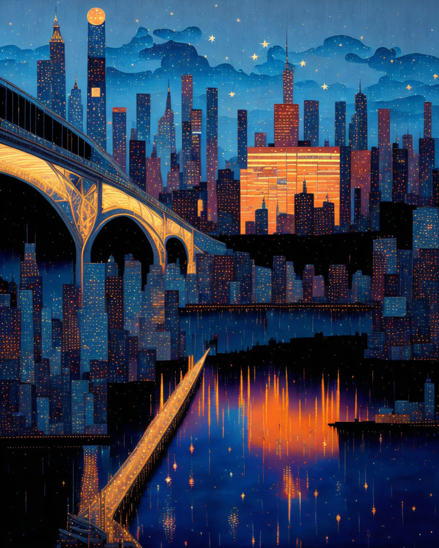 Cityscape illustration: Night scene with bridge, river reflections, and starry sky