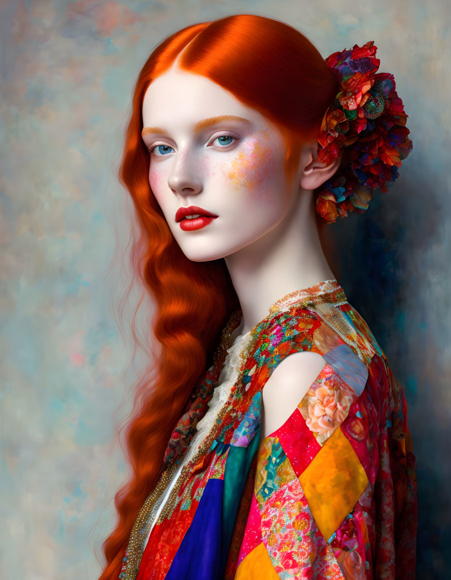 Portrait of Woman with Red Hair, Freckles, and Floral Attire