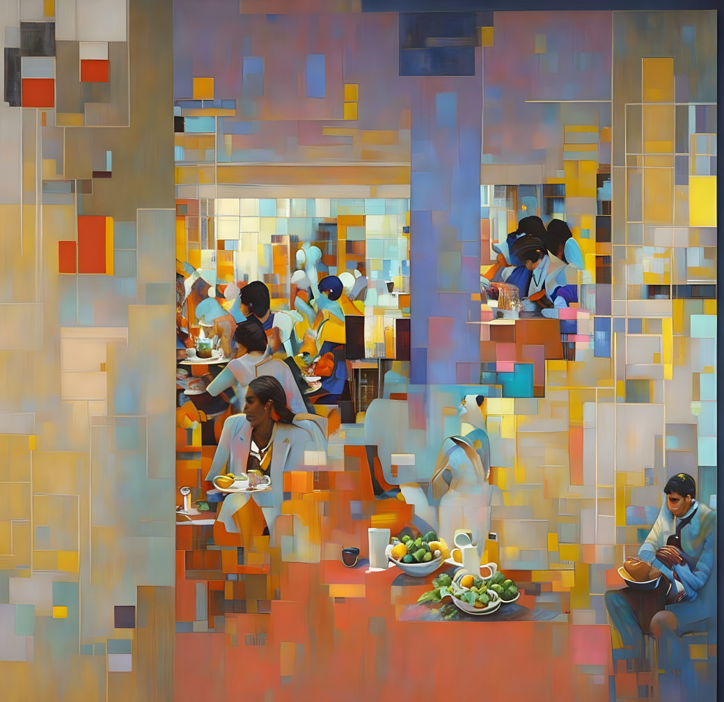 Vibrant Cubist-style Cafe Scene in Orange and Blue