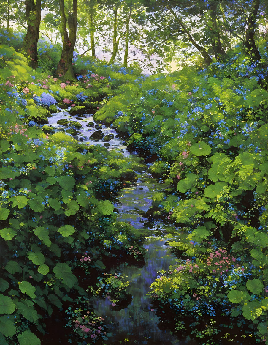 Tranquil stream in lush forest with vibrant green foliage